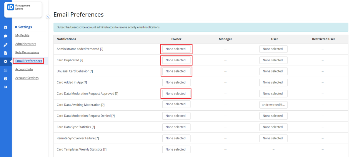 ID123 Knowledgebase | Set Email Preferences for Administrators