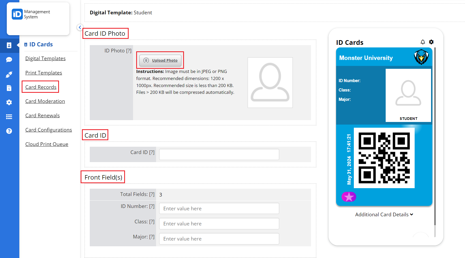 Enter Card Record Details Enter Card Record Details