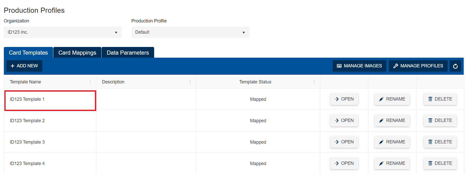 Production Profiles page showing the Card Templates tab with "ID123 Template 1" highlighted in red.