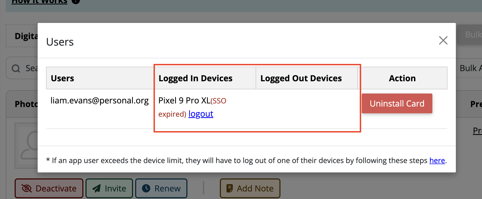 Screenshot showing logged in devices