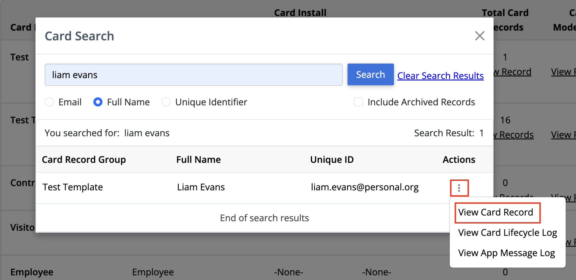 Screenshot of view card record action with a red box around it