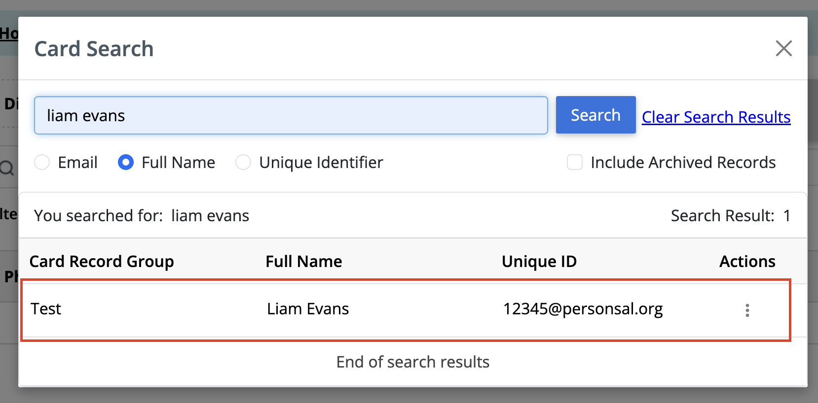 Screenshot of card search of the card record of Liam Evans 