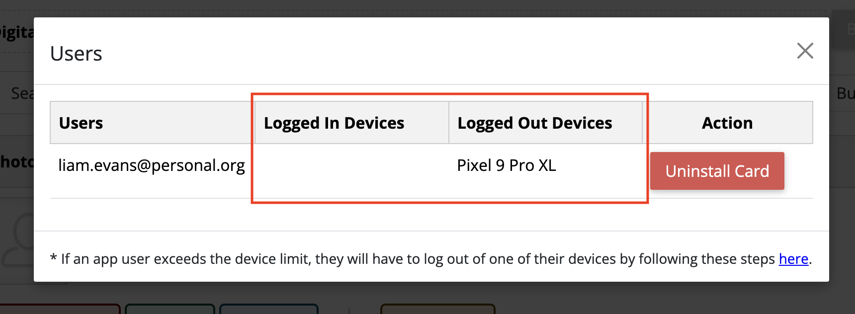 Screenshot showing devices that are logged out with a red box