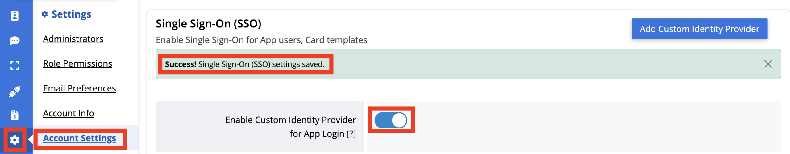 SSO section with App toggle enabled