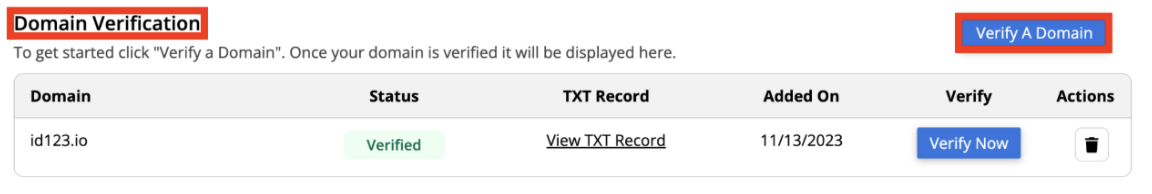 Domain Verification section in Account Settings showing a verified domain and the Verify A Domain button highlighted
