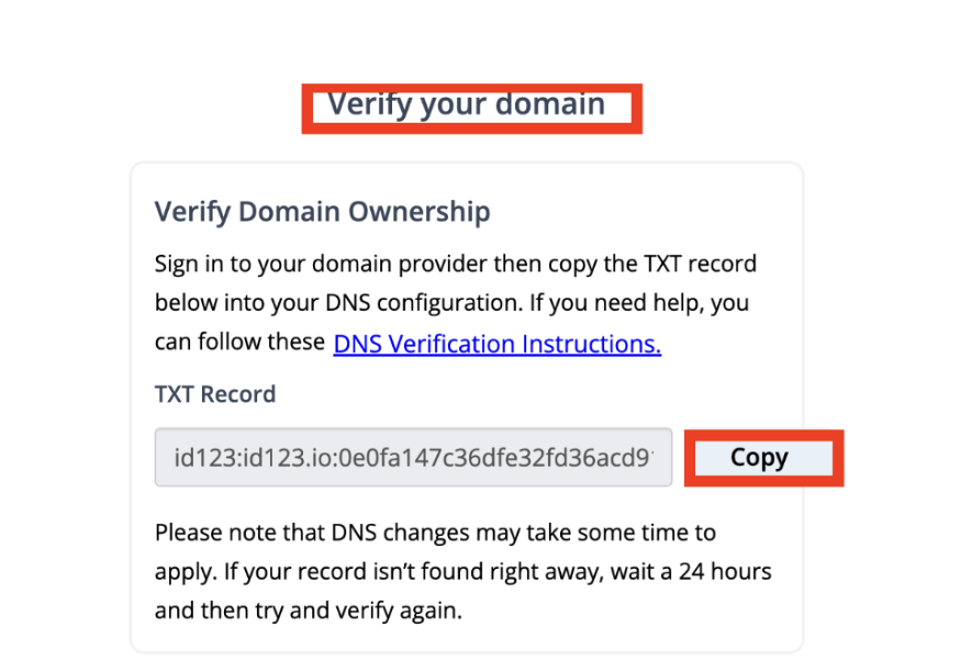 Verify Domain Ownership dialog showing the generated TXT record and Copy button highlighted