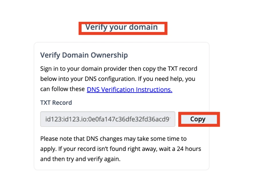 Screenshot 2026-07-07 at 11.01.44 AM Verify Domain Ownership dialog showing the generated TXT record and Copy button highlighted