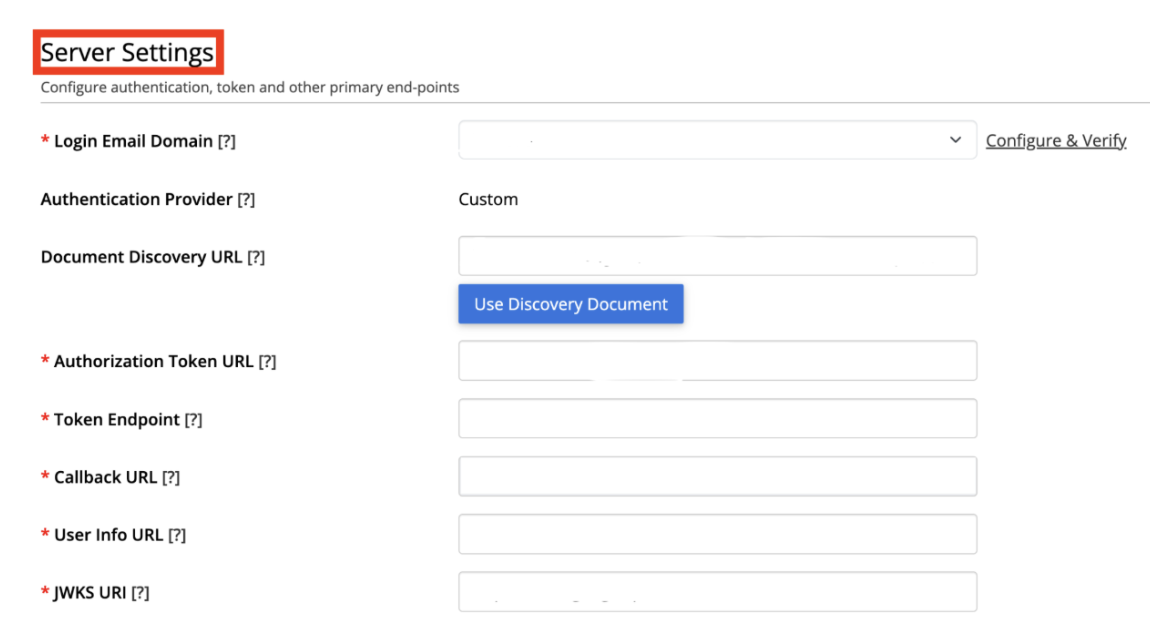SSO Configuration page showing the Server Settings section